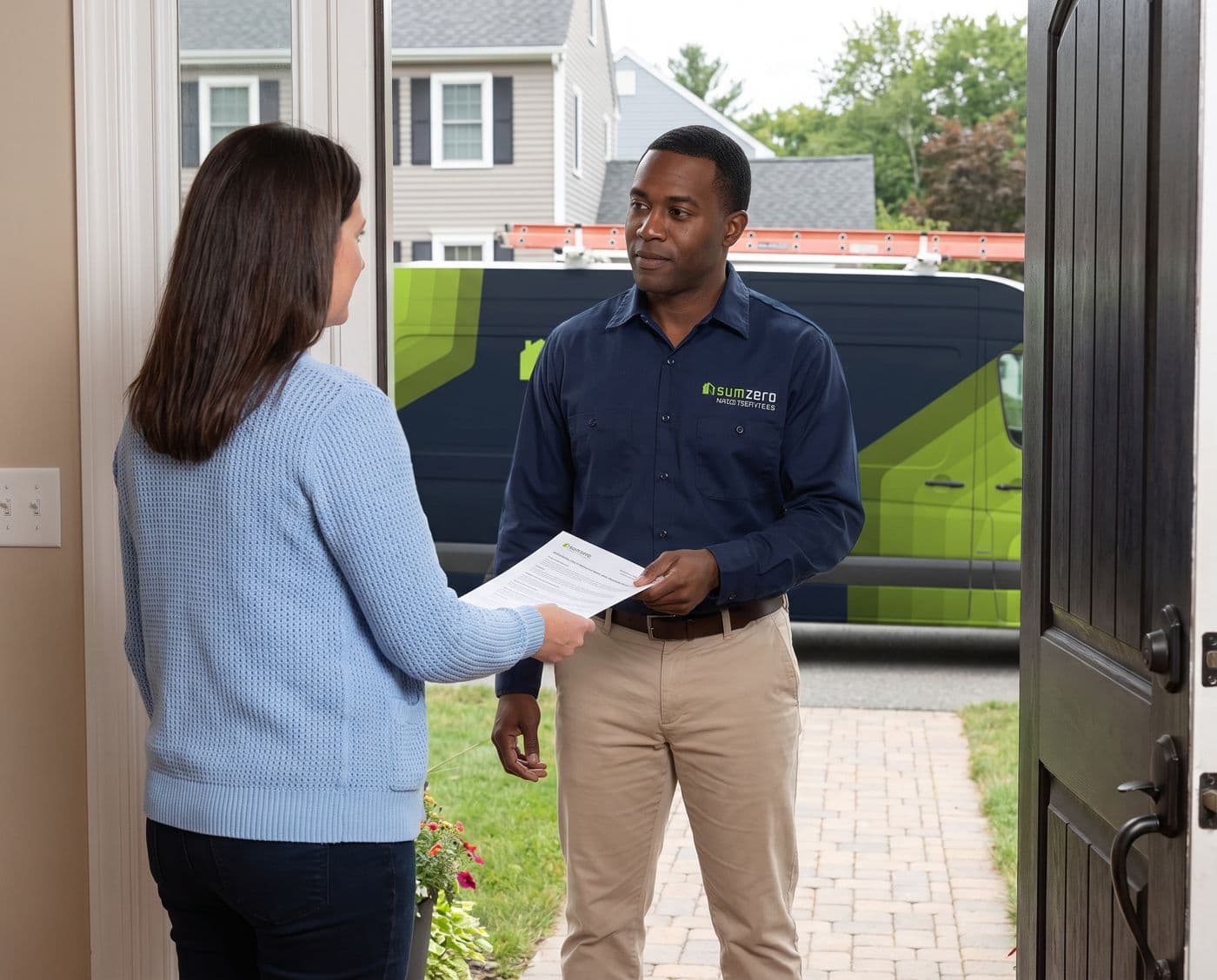 A SumZero technician at a homeowner's front door, handing her a written report